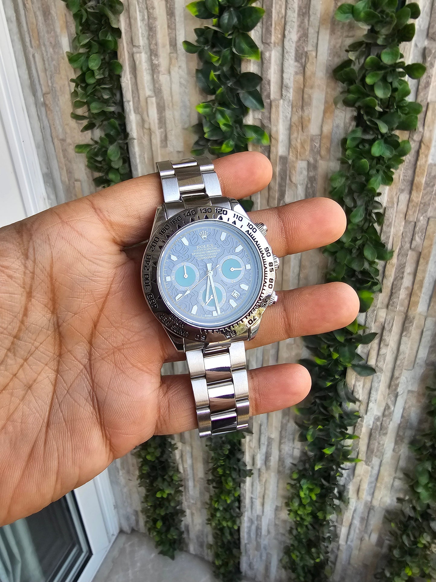 Role_x Daytona Silver Engraved Watch (with og box)