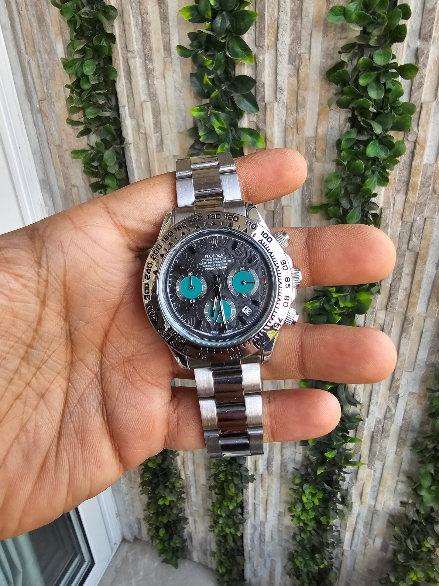 Role_x Daytona Silver Engraved Watch (with og box)