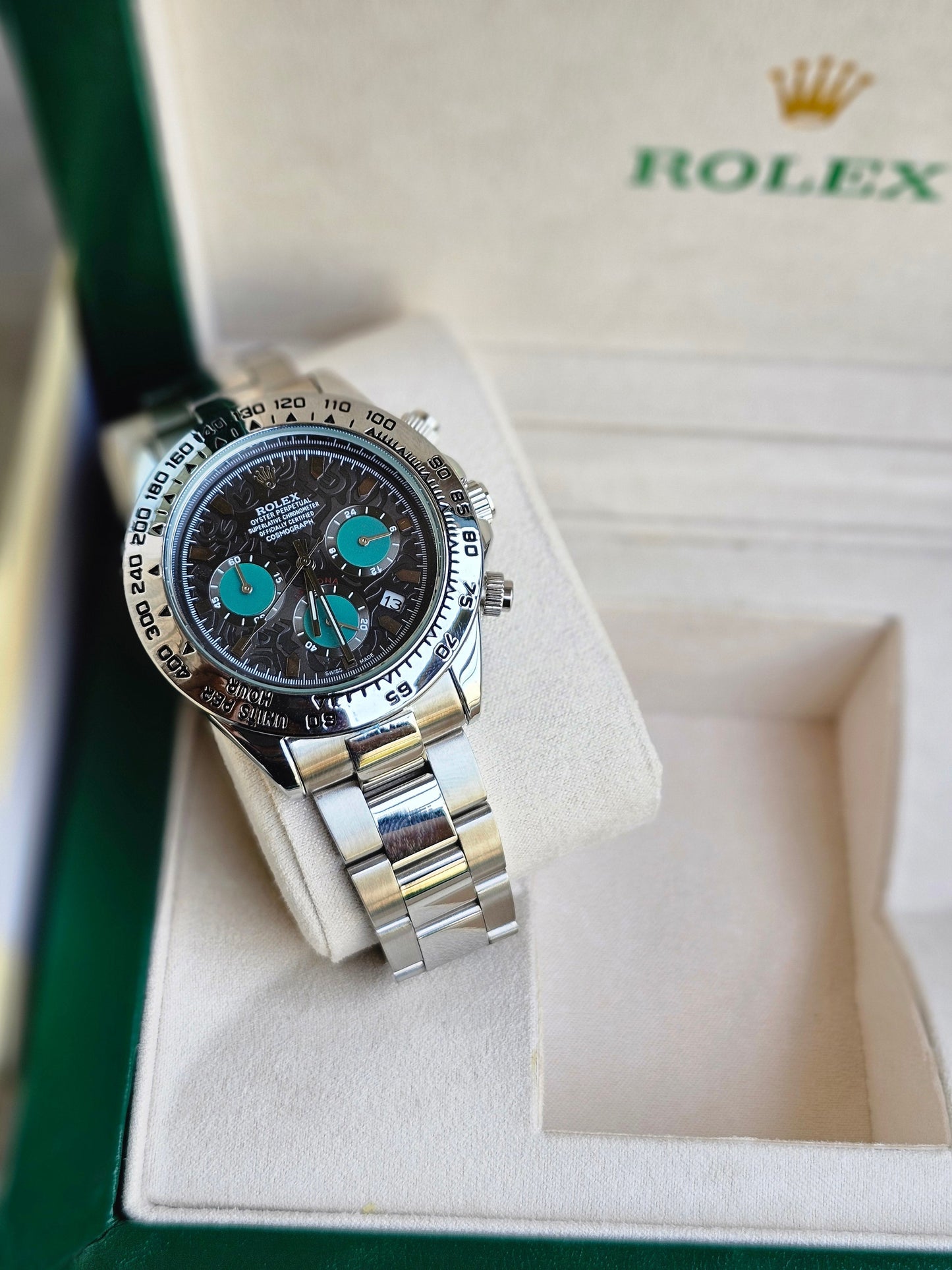 Role_x Daytona Silver Engraved Watch (with og box)